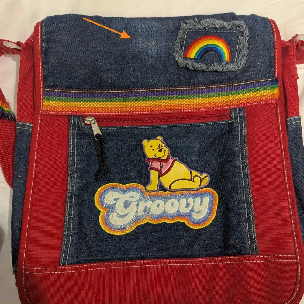 Y2K Disney Winnie the Pooh Messenger Bag Red Denim Groovy Rainbow OS 90's 2000s